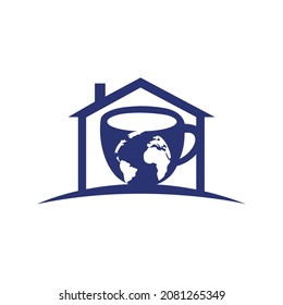 Creative Coffee cup with globe map vector logo design template.	
