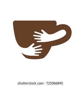 Creative Coffee Cup And Hands Logo Design. Cafe Or Restaurant Symbol. Unique Logotype Design Template. Hug Cup Vector Illustration