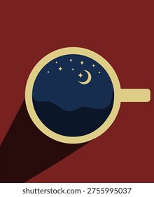 Creative coffee cup illustration with night sky, stars and moon inside