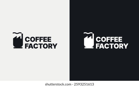 Creative Coffee Factory Logo. Logo cup of coffee and Factory, with Minimalist Style. Coffee Business Logo Icon Symbol Vector Design Inspiration