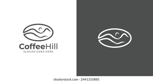 Creative Coffee Hill Logo. Coffee Bean and Mountain, Hill, Peaks, Summit with Minimalist Style. Coffee Shop Logo Icon Symbol Vector Design Inspiration.