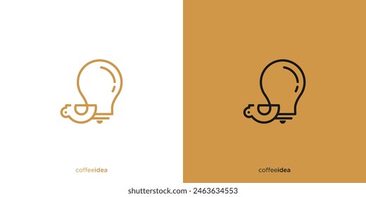 Creative Coffee Logo Design Ideas. Vector Illustration of a Coffee Cup and a Light Bulb or Lamp in Line art Outline Style. Coffee Idea Logo, Icon, Symbol, Vector, Design Template.