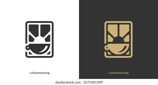 Creative Coffee Morning Logo. Coffee Cup and Sun Sunrise Sunset Icon Graphic. Cafe Restaurant Logo Design Template.