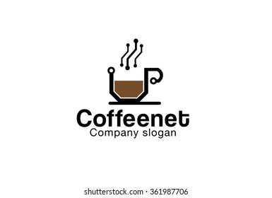 Creative Coffee Mug Network Logo Vector Symbol Design Illustration