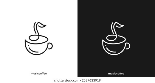 Creative Coffee Music Logo. Mug, Cup Coffee and Musical Note with Linear Outline Style. Music Cafe Logo, Icon, Symbol, Vector, Design Inspiration.