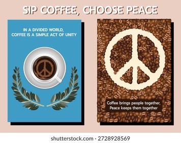 Creative coffee poster featuring peace symbols made of coffee beans and a warm cup of coffee with unity and peace quotes. Ideal for café decor, wall art, and inspirational design