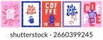 Creative coffee posters or cards in cartoon sketch doodle retro style with cups, coffee pot, espresso machine, cappuccino and typography design. Decor for kitchens, cafe, coffee shop and restaurant.  