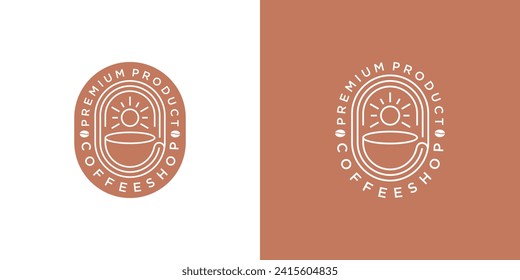 Creative Coffee Shop Logo. Coffee Beans, Sunset Sunrise with Linear Outline Vintage Label Retro Hipster Stamp Style. Cafe Logo Icon Symbol Vector Design Template.