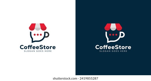 Creative Coffee Store Logo with Mug Cup Chat Bubble. Online Coffee Shop with Minimalist Style Logo Icon Symbol Vector Design Template.