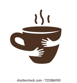 Creative coffee or tea cup and hands logo design. Cafe or restaurant symbol. Unique logotype design template. Hug hot cup vector illustration