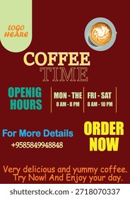 Diseño creativo del cartel del tiempo del café para la promoción del café, fondo marrón y rojo.