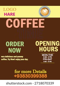 Diseño creativo del cartel del tiempo del café para la promoción del café, fondo marrón y rojo.