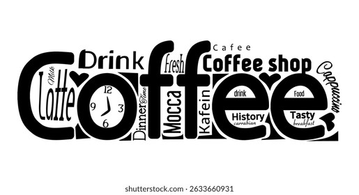 Creative coffee typography art with various coffee-related words and decorative fonts. Perfect for cafes, posters, and menus