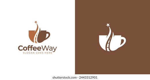 Creative Coffee Way Logo. Kaffeetasse, Becher und Weg, Straße, Route, Karte, Stern mit modernem minimalistischen Stil. Coffee Shop Logo Symbol Symbol Vektor Design Inspiration.