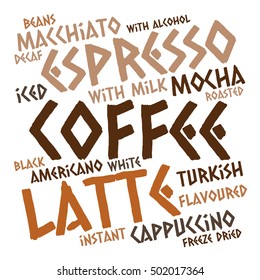 Creative coffee word cloud on white background. Drink concept.