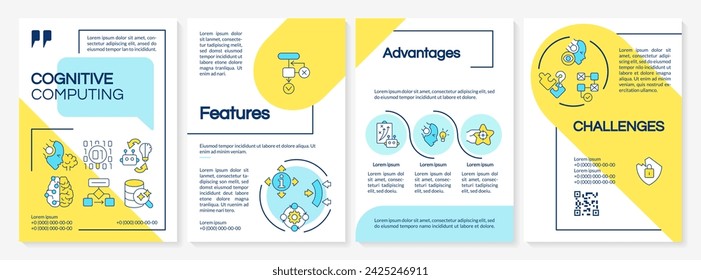 Creative cognitive computing brochure template, leaflet design with thin linear icons, 4 vector layouts.