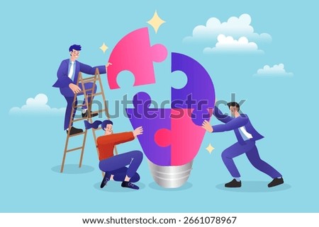 Creative collaboration concept with team building idea puzzle. Business people assembling puzzle pieces into a lightbulb, teamwork concept in flat vector style.