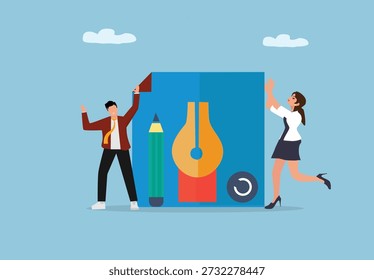 Creative Collaboration and Graphic Design Concept with People Interacting Around Document Folder and Artistic Tools