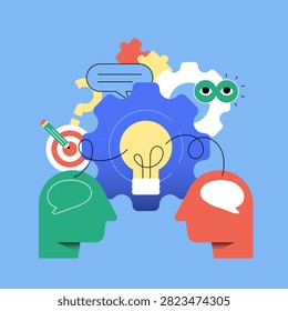 Creative collaboration sharing ideas,brainstorming,communication,teamwork concept illustration. Two people exchange ideas lead to innovation, strategic thinking and shared solutions with communication, target, puzzle and gear icons for business, education, marketing and technology themes.