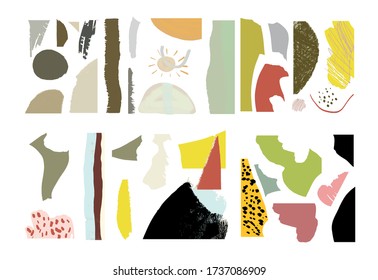 Creative collage with abstract brush strokes, freehand bright colors geometric elements, shapes. Colorful contemporary  elements for print cloth, card, flyer, labels, banner, web design. 