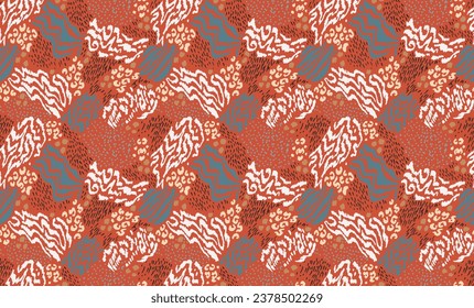 Creative collage of animal skins. Leopard, zebra, tiger. Wool and skin of wild animals. Fashionable modern pattern for wallpaper and fabric. Exotic print in different colors in flat style.
