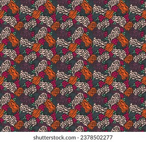 Creative collage of animal skins. Leopard, zebra, tiger. Wool and skin of wild animals. Fashionable modern pattern for wallpaper and fabric. Exotic print in different colors in flat style.