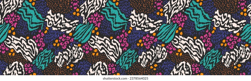 Creative collage of animal skins. Leopard, zebra, tiger. Wool and skin of wild animals. Fashionable modern pattern for wallpaper and fabric. Exotic print in different colors in flat style.