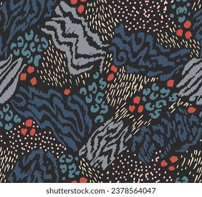 Creative collage of animal skins. Leopard, zebra, tiger. Wool and skin of wild animals. Fashionable modern pattern for wallpaper and fabric. Exotic print in different colors in flat style.