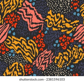 Creative collage of animal skins. Leopard, zebra, tiger. Wool and skin of wild animals. Fashionable modern pattern for wallpaper and fabric. Exotic print in different colors in flat style.