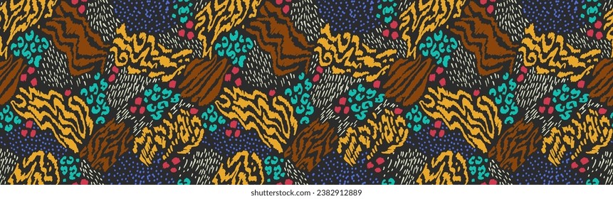 Creative collage of animal skins. Leopard, zebra, tiger. Wool and skin of wild animals. Fashionable modern pattern for wallpaper and fabric. Exotic print in different colors in flat style.