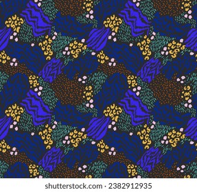 Creative collage of animal skins. Leopard, zebra, tiger. Wool and skin of wild animals. Fashionable modern pattern for wallpaper and fabric. Exotic print in different colors in flat style.