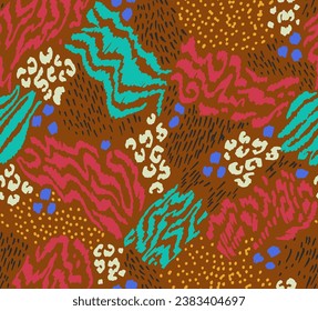 Creative collage of animal skins. Leopard, zebra, tiger. Wool and skin of wild animals. Fashionable modern pattern for wallpaper and fabric. Exotic print in different colors in flat style.