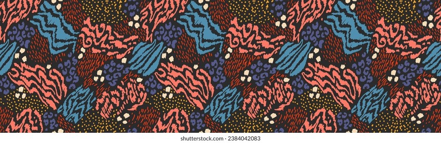 Kreative Kollage von Tierhäuten. Leopard, Zebra, Tiger. Wolle und Haut von Wildtieren. Moderne Muster für Tapeten und Stoffe. Exotischer Druck in verschiedenen Farben im flachen Stil.