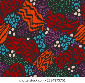 Creative collage of animal skins. Leopard, zebra, tiger. Wool and skin of wild animals. Fashionable modern pattern for wallpaper and fabric. Exotic print in different colors in flat style.