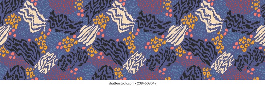 Creative collage of animal skins. Leopard, zebra, tiger. Wool and skin of wild animals. Fashionable modern pattern for wallpaper and fabric. Exotic print in different colors in flat style.