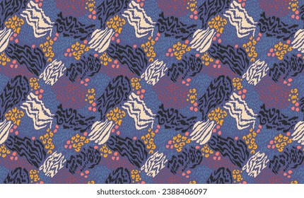 Creative collage of animal skins. Leopard, zebra, tiger. Wool and skin of wild animals. Fashionable modern pattern for wallpaper and fabric. Exotic print in different colors in flat style.
