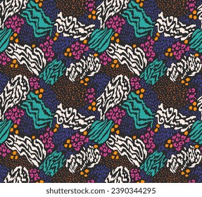 Creative collage of animal skins. Leopard, zebra, tiger. Wool and skin of wild animals. Fashionable modern pattern for wallpaper and fabric. Exotic print in different colors in flat style.