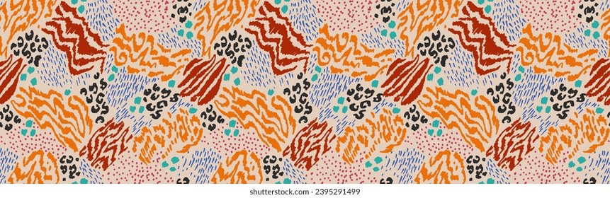 Creative collage of animal skins. Leopard, zebra, tiger. Wool and skin of wild animals. Fashionable modern pattern for wallpaper and fabric. Exotic print in different colors in flat style.
