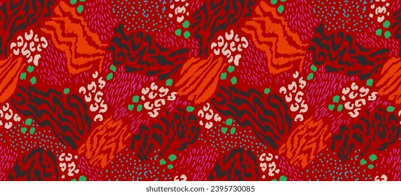 Creative collage of animal skins. Leopard, zebra, tiger. Wool and skin of wild animals. Fashionable modern pattern for wallpaper and fabric. Exotic print in different colors in flat style.
