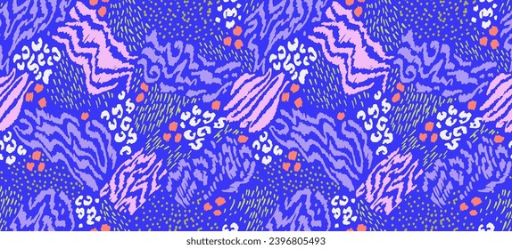 Creative collage of animal skins. Leopard, zebra, tiger. Wool and skin of wild animals. Fashionable modern pattern for wallpaper and fabric. Exotic print in different colors in flat style.