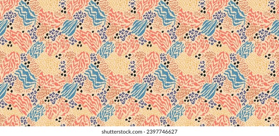 Kreative Kollage von Tierhäuten. Leopard, Zebra, Tiger. Wolle und Haut von Wildtieren. Moderne Muster für Tapeten und Stoffe. Exotischer Druck in verschiedenen Farben im flachen Stil.