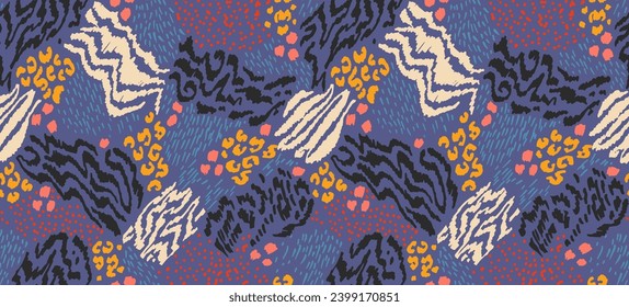 Creative collage of animal skins. Leopard, zebra, tiger. Wool and skin of wild animals. Fashionable modern pattern for wallpaper and fabric. Exotic print in different colors in flat style.