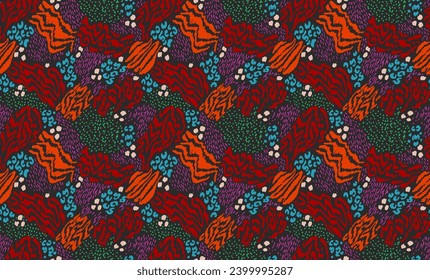 Creative collage of animal skins. Leopard, zebra, tiger. Wool and skin of wild animals. Fashionable modern pattern for wallpaper and fabric. Exotic print in different colors in flat style.