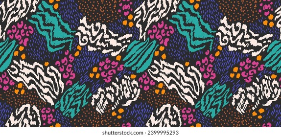 Creative collage of animal skins. Leopard, zebra, tiger. Wool and skin of wild animals. Fashionable modern pattern for wallpaper and fabric. Exotic print in different colors in flat style.
