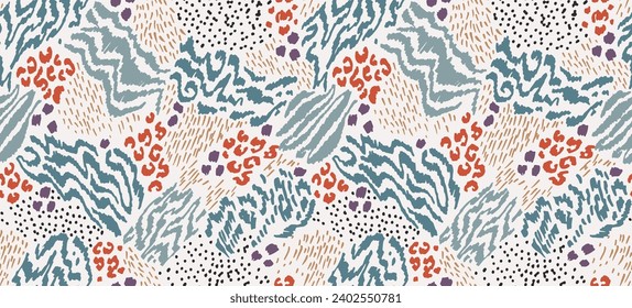 Collage creativo de pieles animales. Leopardo, cebra, tigre. Lana y piel de animales salvajes. Diseño moderno y de moda para papel pintado y tela. Impresión exótica en diferentes colores de estilo plano.