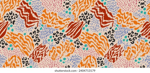 Creative collage of animal skins. Leopard, zebra, tiger. Wool and skin of wild animals. Fashionable modern pattern for wallpaper and fabric. Exotic print in different colors in flat style.