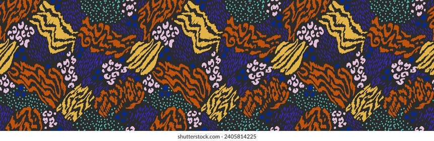 Creative collage of animal skins. Leopard, zebra, tiger. Wool and skin of wild animals. Fashionable modern pattern for wallpaper and fabric. Exotic print in different colors in flat style.