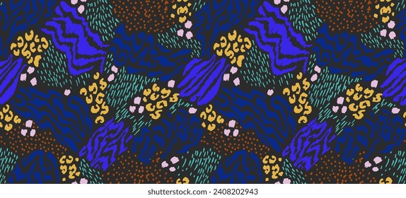 Creative collage of animal skins. Leopard, zebra, tiger. Wool and skin of wild animals. Fashionable modern pattern for wallpaper and fabric. Exotic print in different colors in flat style.