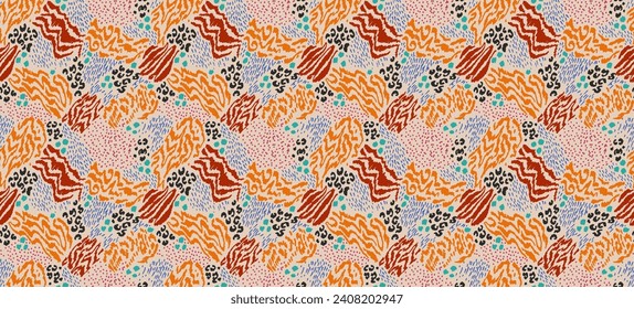 Creative collage of animal skins. Leopard, zebra, tiger. Wool and skin of wild animals. Fashionable modern pattern for wallpaper and fabric. Exotic print in different colors in flat style.