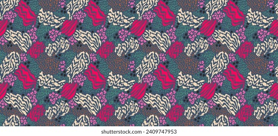 Creative collage of animal skins. Leopard, zebra, tiger. Wool and skin of wild animals. Fashionable modern pattern for wallpaper and fabric. Exotic print in different colors in flat style.